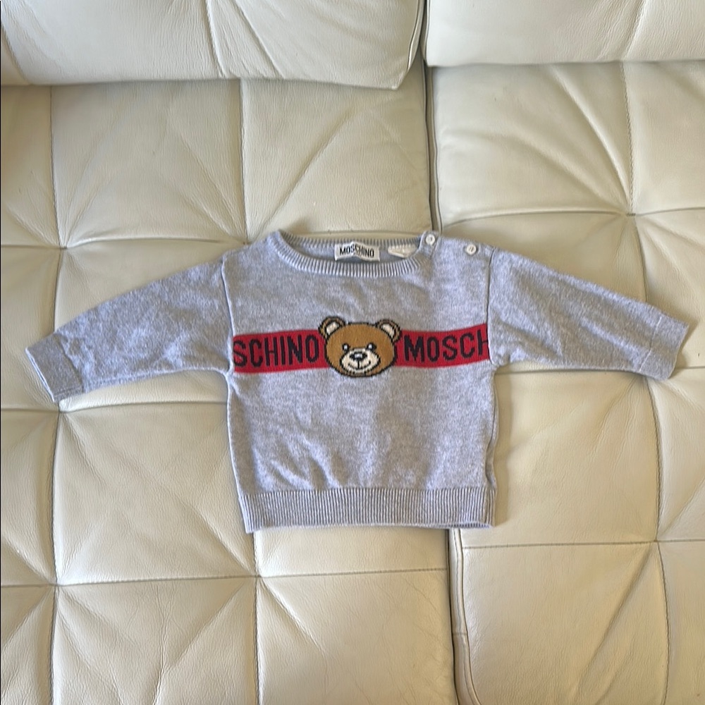 Moschino Red and Gray Knit Sweater with Teddy Bear Accent